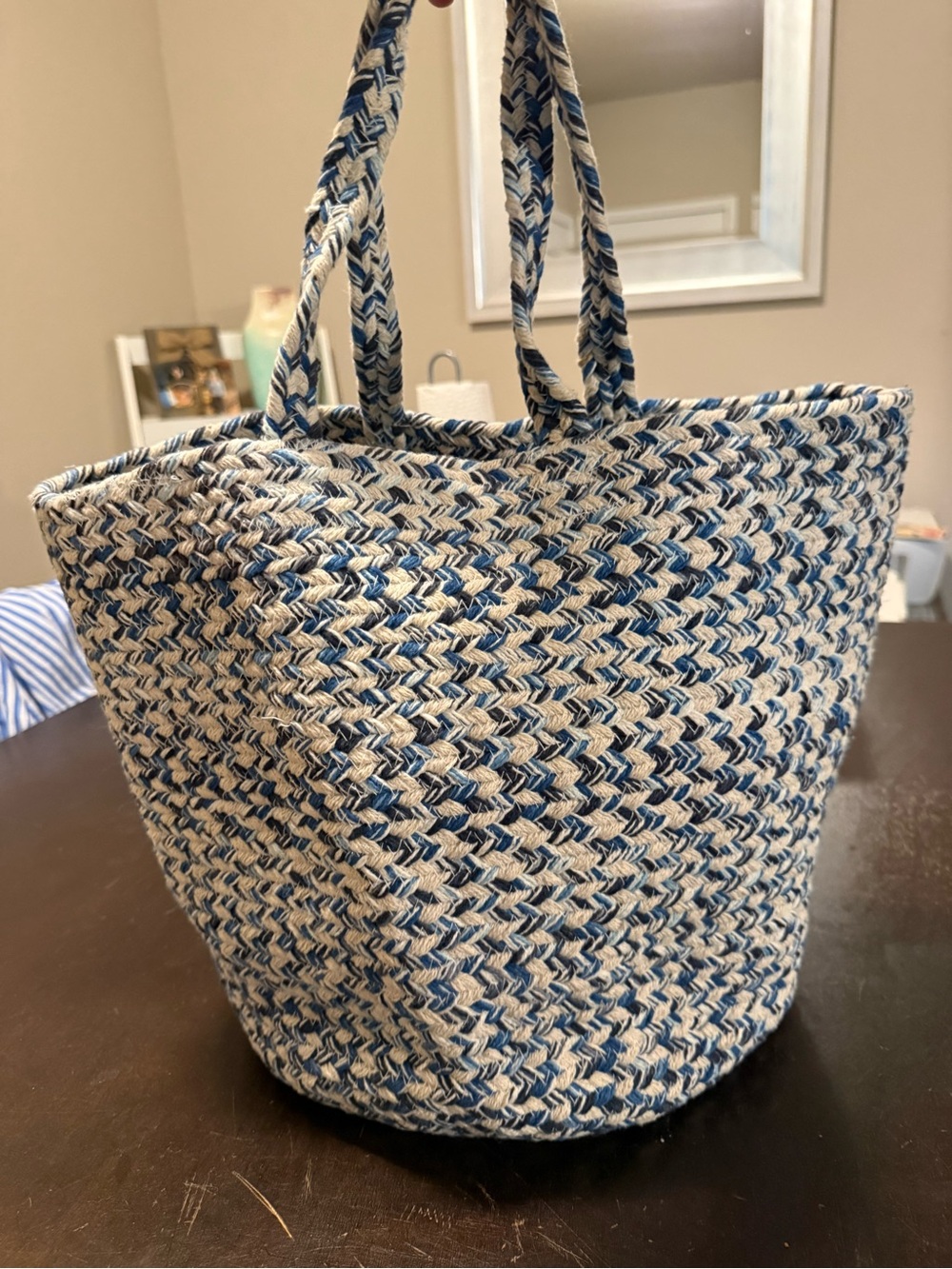 LOVE STITCH Woven Blue & Cream Tote Bag - Casual Women’s Carryall RARE